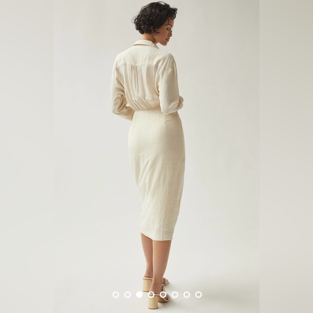 Anthropologie Beige Linen V-Neck Wrap Dress